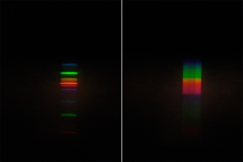 Sample spectra taken with my tricorder. (L) The line spectrum from a common compact fluorescent bulb. (R) The continuous spectrum from a traditional incandescent bulb.