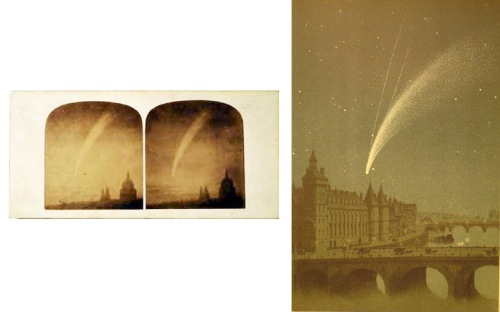 (L) A stero photograph of Comet Donati over London in 1858.  (R) Amèdée Guillemin’s painting of Comet Donati over the Plais du Justice in Paris