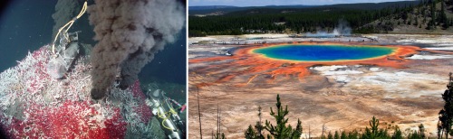 Examples of extremophile life. (L) The Sully Vent in the Pacific; extremophile bacteria glean energy from the extreme heat and acidic water [NOAA image]. (R) The Grand Prismatic Spring in Yellowstone; different colored algae are tolerant of different water temperatures, giving the spring its banded appearance [National Park Service image].