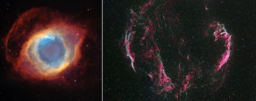 (L) The Helix Nebula, a planetary nebula. (R) The Cygnus Loop, an 8000 year old supernova remnant.