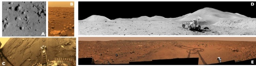 (A) Surface of Eros by NEAR-Shoemaker. (B) Surface of Titan by Huygens. (C) Surface of Venus by Venera 14. (D) Apollo 15, station 9 on Hadley Rille. (E) Surface of Mars, near Bonneville Crater by the Spirit Rover.