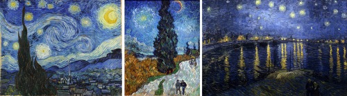 A collection of paintings featuring the stars, by Vincent Van Gogh. (L) The Starry Night, (C) Country Road in Provence by Night, (R) Starry Night over the Rhone.