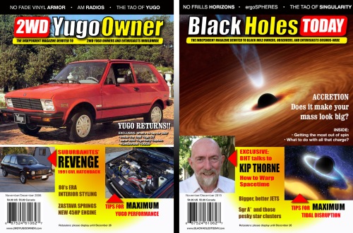 Magazines devoted to cars and black holes may look the same. There may be a LOT to talk about in a car magazine. In a black hole magazine, there are only 3 things to talk about, but those 3 things have tremendous influence on the Cosmos, which is quite interesting.