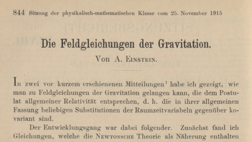 The leading header of the paper where Einstein introduced general relativity, his writeup of the presentation he made to the Prussian Academy of Sciences in November, 1915.