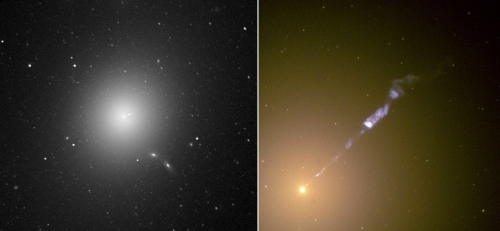 The black hole in the center of M87 powers an enormous, energetic jet of material spewing out from the galactic core. (L) I was one of the first amateurs image this jet in 2001. (R) HST image of the jet, for comparison. :-)