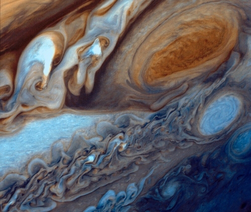 Voyager I view of the Great Red Spot as it approached Jupiter in 1979.